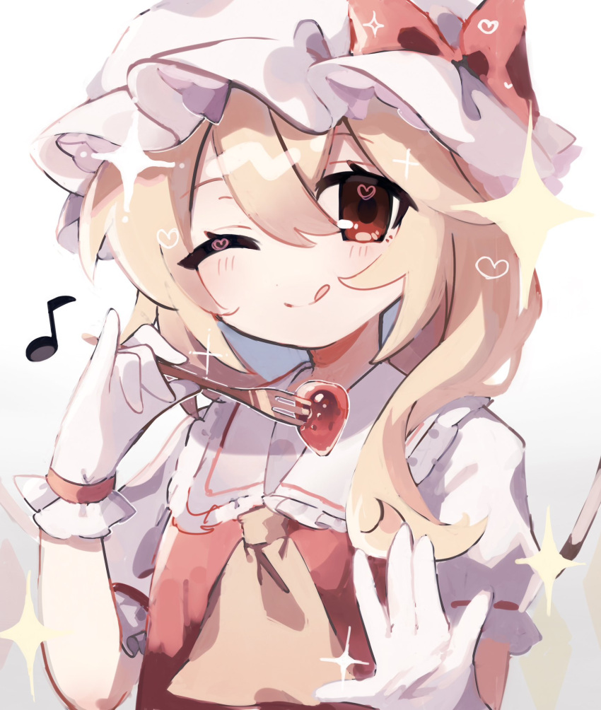 1girl ;q ascot blonde_hair chicachang crystal flandre_scarlet food fork fruit hat hat_ribbon heart heart-shaped_pupils highres holding holding_fork mob_cap one_eye_closed one_side_up puffy_short_sleeves puffy_sleeves red_eyes ribbon short_sleeves side_ponytail skirt skirt_set solo star_(symbol) strawberry symbol-shaped_pupils tongue tongue_out touhou upper_body white_background white_headwear yellow_ascot