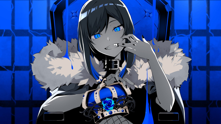 1girl ado_(utaite) belt_buckle black_collar black_hair black_nails blue_eyes blue_flower blue_hair blue_rose blue_theme buckle chair chando_(ado) clenched_teeth cloud_nine_inc collar colored_inner_hair commentary_request crown fangs flower head_tilt highres king_(vocaloid) looking_at_viewer mole mole_under_eye multicolored_hair nori_(norinori_yrl) rose sitting solo teeth unworn_crown upper_body utaite