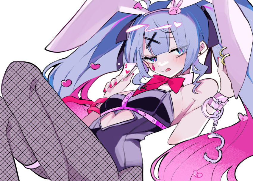 1girl animal_ears asagiri_0211 bare_shoulders black_ribbon blue_eyes blue_hair blunt_bangs bow bowtie breasts card closed_mouth clothing_cutout collar colored_inner_hair cuffs cutout_above_navel facial_mark fake_animal_ears feet_out_of_frame fishnet_pantyhose fishnets hair_ornament hair_ribbon handcuff_dangle handcuffs hatsune_miku heart heart_cutout heart_hair_ornament holding holding_card knees_up long_hair looking_to_the_side multicolored_hair nail_polish necktie pantyhose pink_hair playboy_bunny rabbit_ears rabbit_hair_ornament rabbit_hole_(vocaloid) red_bow red_bowtie red_nails red_necktie ribbon sitting sleeveless solo teardrop_facial_mark tongue tongue_out twintails very_long_hair vocaloid white_background white_collar x_hair_ornament