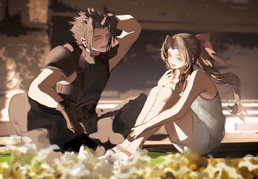 1boy 1girl adjusting_hair armor bare_legs black_hair black_pants black_shirt bow brown_gloves brown_hair church closed_eyes dress field final_fantasy final_fantasy_vii final_fantasy_vii_remake flower flower_field gloves green_eyes hair_bow hand_on_own_head highres indoors kojimarie open_mouth pants pauldrons ponytail sandals shirt short_dress shoulder_armor sidelocks sitting sleeveless sleeveless_shirt spiked_hair white_dress