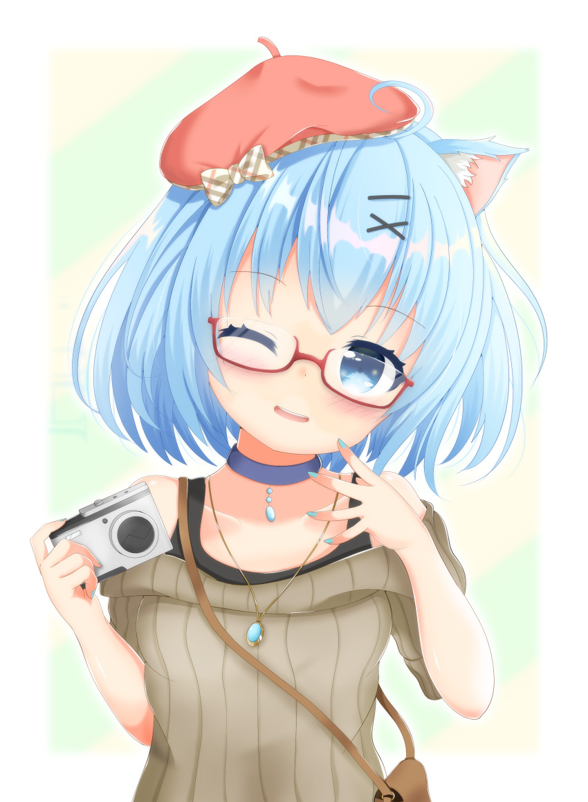 1girl ;d absurdres ahoge animal_ear_fluff animal_ears aqua_hair aqua_nails bag beret black_skirt blue_eyes brown_bag brown_sweater camera cat_ears character_name choker collarbone glasses hair_between_eyes hair_ornament hairclip hat hat_ribbon head_tilt highres holding holding_camera jewelry light_blush liuliu off-shoulder_sweater off_shoulder one_eye_closed open_mouth original purple_choker red-framed_eyewear red_headwear ribbon shirt short_hair shoulder_bag simple_background skirt sleeveless sleeveless_shirt smile sweater teeth two-tone_background upper_teeth_only x_hair_ornament