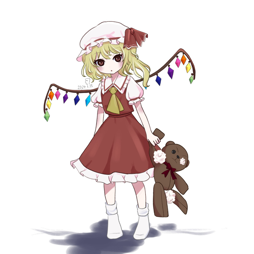 1girl absurdres ascot blonde_hair crystal flandre_scarlet full_body hat hat_ribbon highres moaixiang59173 mob_cap multicolored_wings puffy_short_sleeves puffy_sleeves red_eyes red_skirt red_vest ribbon short_sleeves side_ponytail skirt skirt_set solo stuffed_animal stuffed_toy teddy_bear touhou vest white_background white_footwear white_headwear wings yellow_ascot