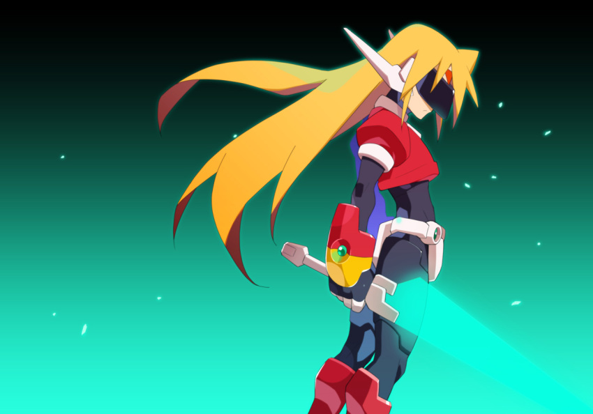 armor black_background blonde_hair commentary_request covered_eyes crop_top crotch_plate energy_sword facial_mark forehead_mark from_side girouette_(mega_man) gradient_background green_background head-mounted_display holding holding_sword holding_weapon kaidou_zx long_hair mega_man_(series) mega_man_zx model_z_(mega_man) power_armor robot_ears sword weapon