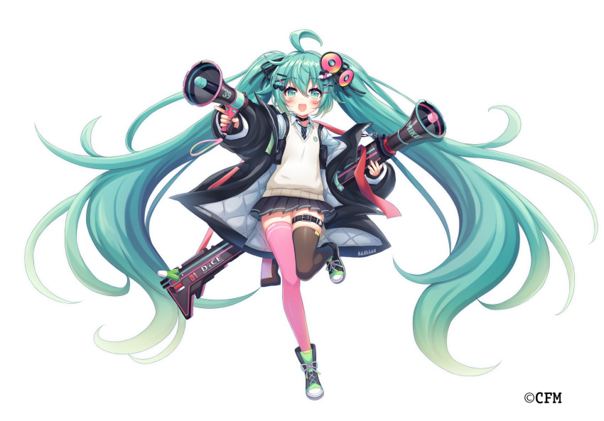1girl :d ahoge asymmetrical_legwear black_footwear black_jacket black_necktie black_ribbon black_skirt blush boots brown_thighhighs collared_shirt cross-laced_footwear full_body green_eyes green_hair hair_between_eyes hair_ornament hair_ribbon hairclip hatsune_miku heart heart_hair_ornament highres holding holding_megaphone ichigo_seika jacket lace-up_boots long_hair long_sleeves megaphone mismatched_legwear necktie official_art open_clothes open_jacket pink_thighhighs pleated_skirt puffy_long_sleeves puffy_sleeves ribbon shirt simple_background skirt smile solo standing standing_on_one_leg sweater_vest thighhighs thighhighs_under_boots twintails very_long_hair vocaloid white_background white_shirt x_hair_ornament