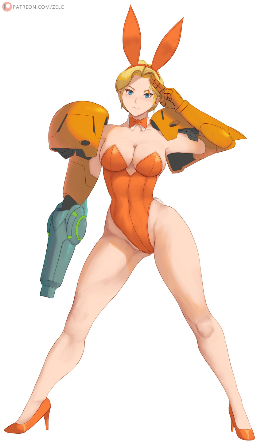 1girl absurdres adapted_costume animal_ears arm_cannon ass_visible_through_thighs bare_legs blonde_hair blue_eyes breasts cleavage detached_collar fake_animal_ears fake_tail full_body high_heels highleg highleg_leotard highres legs_apart leotard metroid orange_leotard playboy_bunny rabbit_ears rabbit_tail salute samus_aran solo standing strapless strapless_leotard tail weapon zelc-face