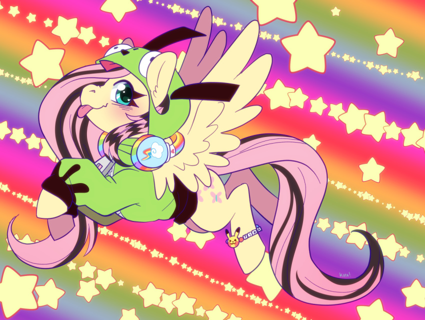 alternative_fashion antonymph blep coontail_hair cutie_mark electronics equid equine feral flutterbat_(mlp) fluttershy_(mlp) friendship_is_magic generation_1_pokemon gir_(invader_zim) gir_hoodie hasbro headphones headphones_around_neck invader_zim kandi_(bracelet) kipaki mammal my_little_pony mythological_creature mythological_equine mythology nickelodeon nintendo pegasus pikachu pokemon pokemon_(species) scene_(fashion) tongue tongue_out wings