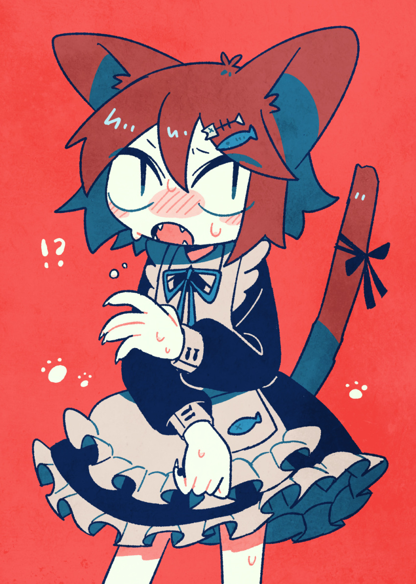 !? 1other alternate_costume animal_ears apron black_dress black_ribbon blue_eyes blue_ribbon blush brown_hair brown_tail cat_ears cat_tail claws cowboy_shot dress embarrassed enmaided fangs fish_hair_ornament fish_skeleton_hair_ornament frilled_apron frilled_dress frills hair_ornament highres limited_palette long_sleeves looking_at_viewer maid matasuke_(yaigi) medium_hair neck_ribbon nervous_sweating nose_blush open_mouth original paw_print puffy_long_sleeves puffy_sleeves red_background ribbon sanpaku solo sweat tail tail_ornament tail_raised tail_ribbon white_apron yaigi