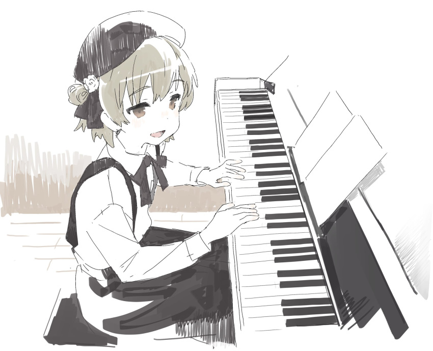 1girl beret black_headwear black_skirt brown_eyes grey_hair hat hatoba_tsugu highres instrument long_sleeves music open_mouth piano playing_instrument playing_piano shirt short_hair sitting skirt solo stool suspender_skirt suspenders take_no_(xtc65_0) tsugu_(vtuber) virtual_youtuber white_shirt