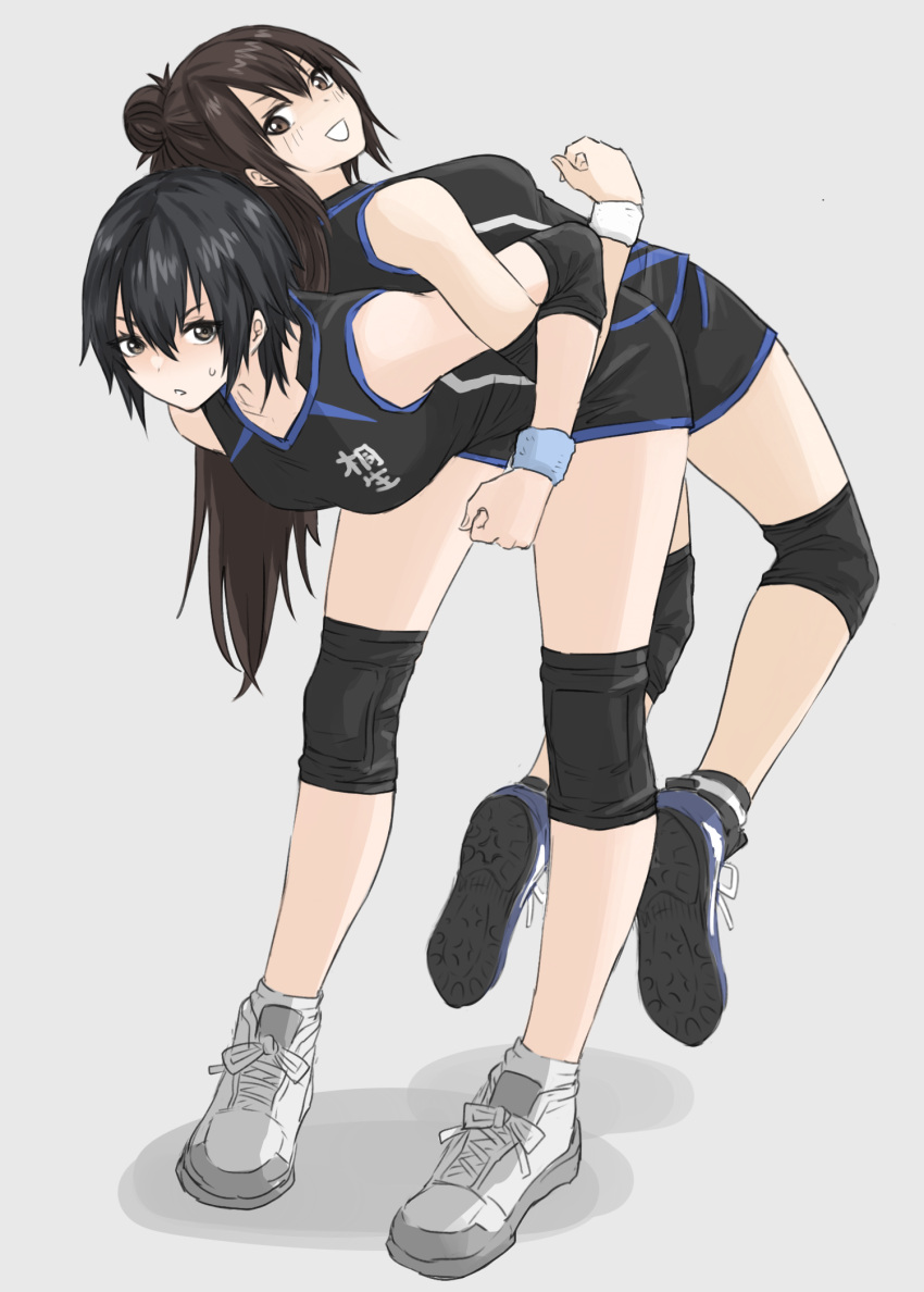 2girls assisted_stretching back-to-back black_hair blue_footwear breasts brown_hair character_request elbow_sleeve fuku_(fuku12290574) grey_eyes gym_uniform hair_bun highres lifting_person light_blush locked_arms looking_at_viewer medium_breasts multiple_girls original school_uniform shoes short_hair stretching translation_request volleyball white_background white_footwear wristband