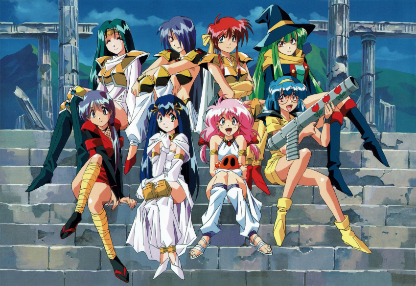 1990s_(style) 6+girls aqua_footwear aqua_hair armor armored_boots armored_dress bandaged_leg bandages bikini_armor blue_eyes blue_hair boots bracelet breastplate bridal_gauntlets cape cleaned closed_eyes crossed_arms dark_blue_hair day fantasy fishnets glasses green_eyes green_hair group_picture hat jewelry knee_boots knee_pads lia_parapara_leazas light_blue_hair long_hair looking_at_viewer m1_bazooka masou_shizuka multiple_girls ninja non-web_source official_art on_lap on_stairs open_mouth outdoors pauldrons pillar pink_hair purple_hair rance_(series) red_eyes red_hair retro_artstyle rocket_launcher ruins sandals satella scan scarf short_hair shoulder_armor side_ponytail sill_plain sitting smile stairs weapon witch_hat yamashita_toshinari yellow_footwear