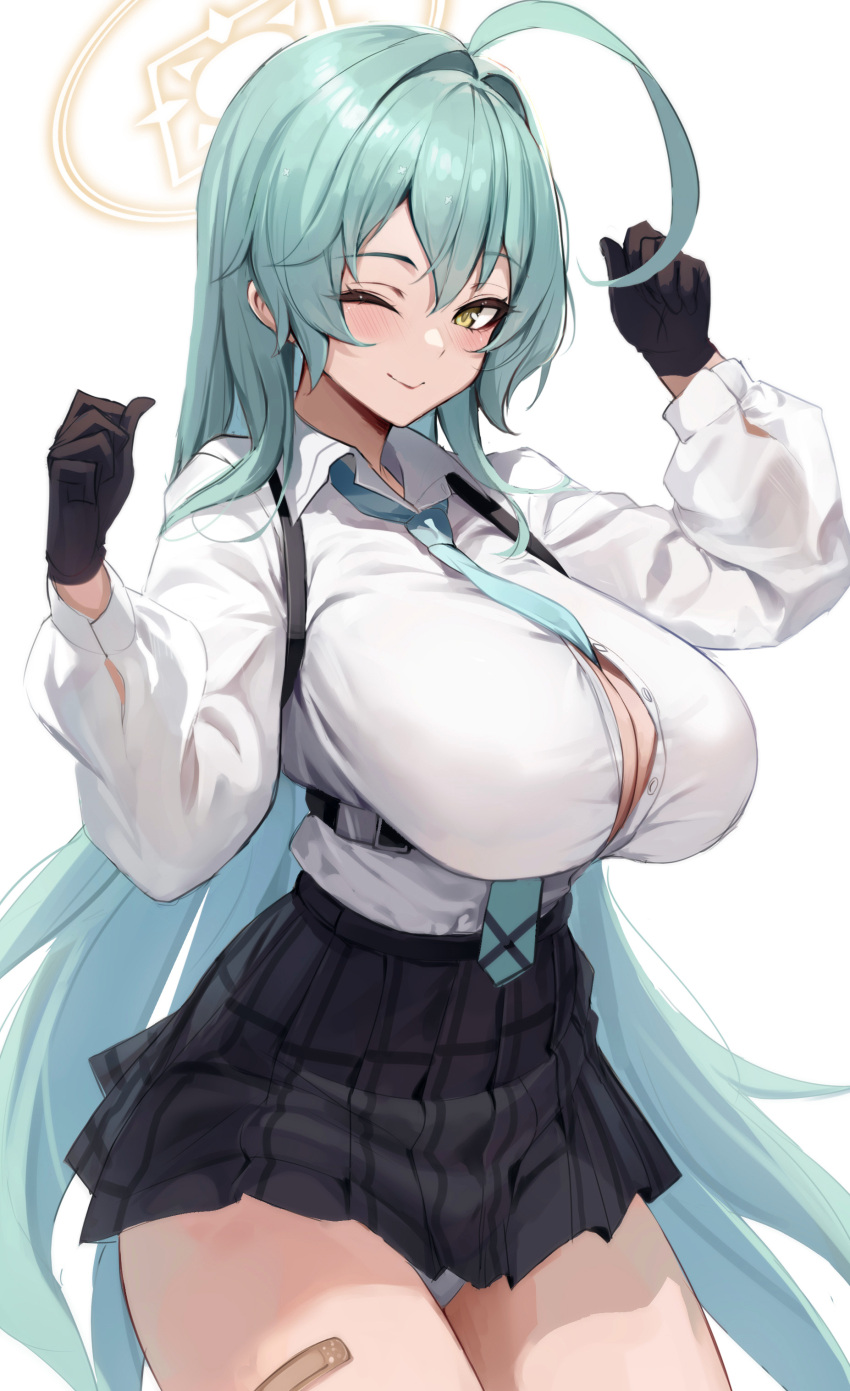 1girl absurdres aqua_hair aqua_necktie aqua_panties bandaid_on_thigh between_breasts black_gloves black_skirt blue_archive breasts button_gap chest_harness cleavage collared_shirt gloves halo hands_up harness highres large_breasts long_sleeves miniskirt necktie necktie_between_breasts panties pantyshot pleated_skirt puffy_long_sleeves puffy_sleeves shirt simple_background skirt solo stone_(ksorede) underwear white_background white_shirt yellow_eyes yellow_halo yume_(blue_archive)