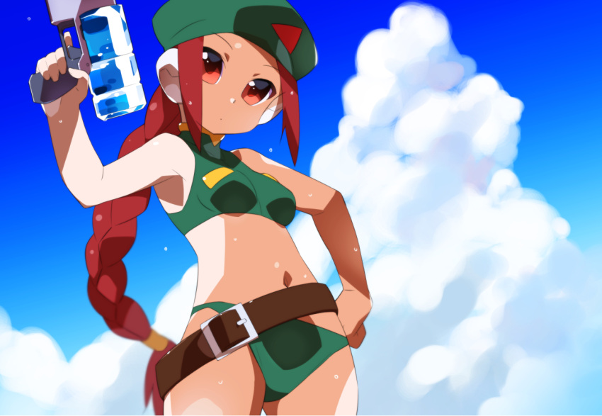 1girl belt beret bikini braid breasts cloud commentary_request green_bikini green_headwear hat holding holding_water_gun kaidou_zx long_hair looking_at_viewer mega_man_(series) mega_man_zero_(series) navel red_eyes red_hair robot_ears sky small_breasts soolo swimsuit unnamed_female_soldier_(mega_man_zero) water_gun