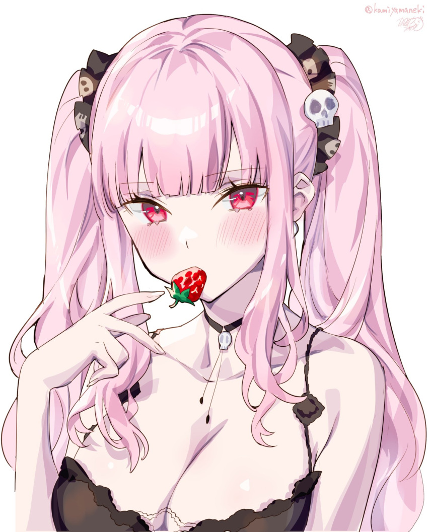 1girl bare_shoulders black_choker black_nightgown breasts choker cleavage collarbone earrings food food_in_mouth fruit highres hololive hololive_english jewelry kamiya_maneki large_breasts long_hair looking_at_viewer mori_calliope mori_calliope_(6th_costume) nightgown official_alternate_costume pink_hair red_eyes skull_choker skull_collar skull_earrings sleepwear solo strawberry virtual_youtuber