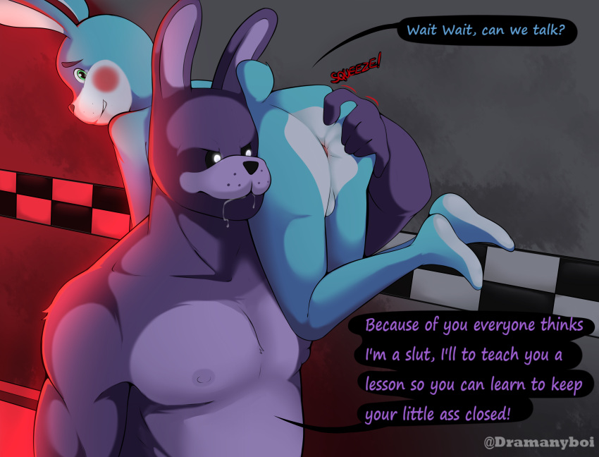 absurd_res anthro anus balls bodily_fluids bonnie_(fnaf) butt butt_grab canid canine canis carrying_another dramanyboi drooling duo english_text five_nights_at_freddy's five_nights_at_freddy's_2 genitals hand_on_butt hi_res male male/male mammal nipples saliva scottgames text toy_bonnie_(fnaf)
