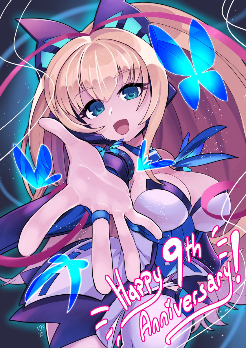1girl anniversary antenna_hair azure_striker_gunvolt black_sleeves blonde_hair breasts bug butterfly butterfly_hair_ornament detached_sleeves dress english_commentary green_eyes hair_ornament high_ponytail highres idol large_breasts long_hair looking_at_viewer lumen_(gunvolt) lydi-lydi_(jes) mayuyumemin multicolored_hair necktie outstretched_arms pink_hair solo upper_body very_long_sleeves white_dress