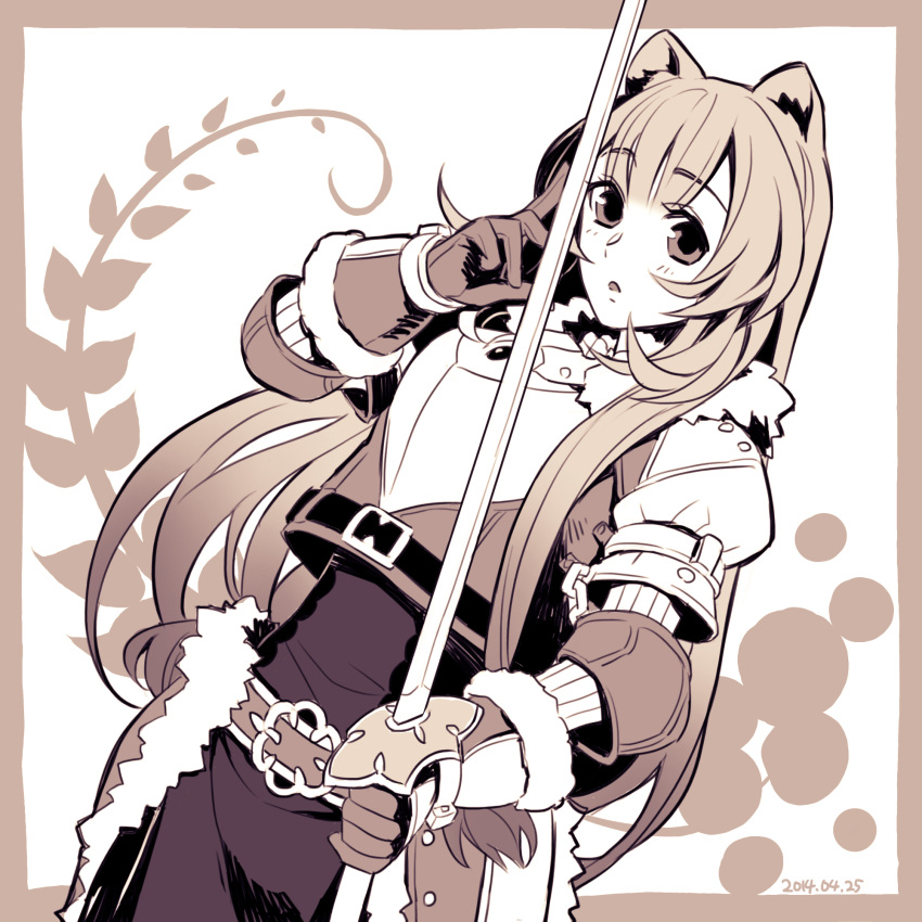 1girl animal_ears armor belt border breastplate brown_border brown_hair check_clothing commentary_request cosplay dated fur-trimmed_collar fur-trimmed_gloves fur_trim gloves hand_up highres holding holding_sword holding_weapon iwatani_naofumi iwatani_naofumi_(cosplay) leather leather_gloves long_hair long_sleeves looking_at_viewer minami_seira monochrome open_mouth outside_border raccoon_ears raccoon_girl raphtalia sepia sidelocks solo sword tate_no_yuusha_no_nariagari upper_body weapon white_background