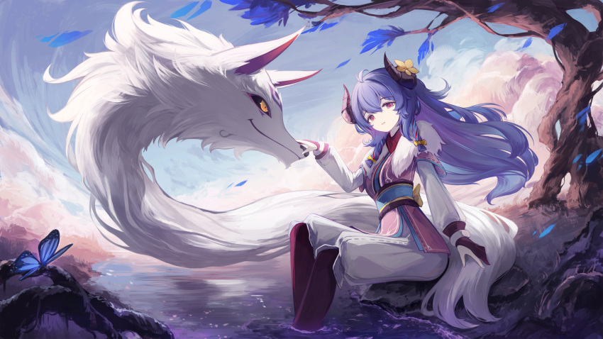 1girl :d absurdres antenna_hair black_pantyhose blue_hair bug butterfly closed_mouth darkworldsss drill_hair floating flower fur_trim grass highres horn_flower horns japanese_clothes kimono kindred_(league_of_legends) lamb_(league_of_legends) league_of_legends long_hair looking_at_another outdoors pants pantyhose petals purple_hair red_eyes sitting smile soaking_feet spirit_blossom_kindred tree twin_drills water wolf_(league_of_legends) yellow_flower