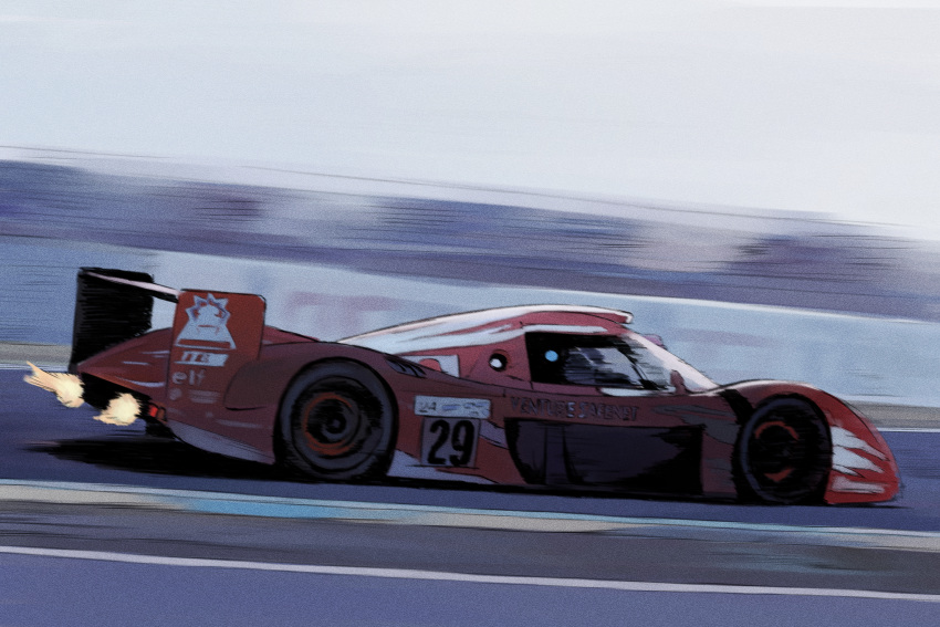 absurdres balladeluce car circuit_de_la_sarthe fire from_side highres japanese_flag le_mans_prototype motion_lines motor_vehicle original race_vehicle racecar racetrack spoiler_(automobile) toyota toyota_gt-one vehicle_focus