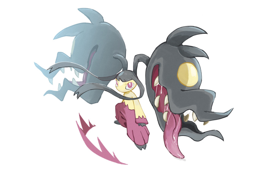 absurdres bright_pupils commentary_request floating_hair full_body highres legs_apart looking_up mawile mega_mawile pokemon pokemon_(creature) purple_eyes saliva seal_in_somalia squatting tongue white_background white_pupils