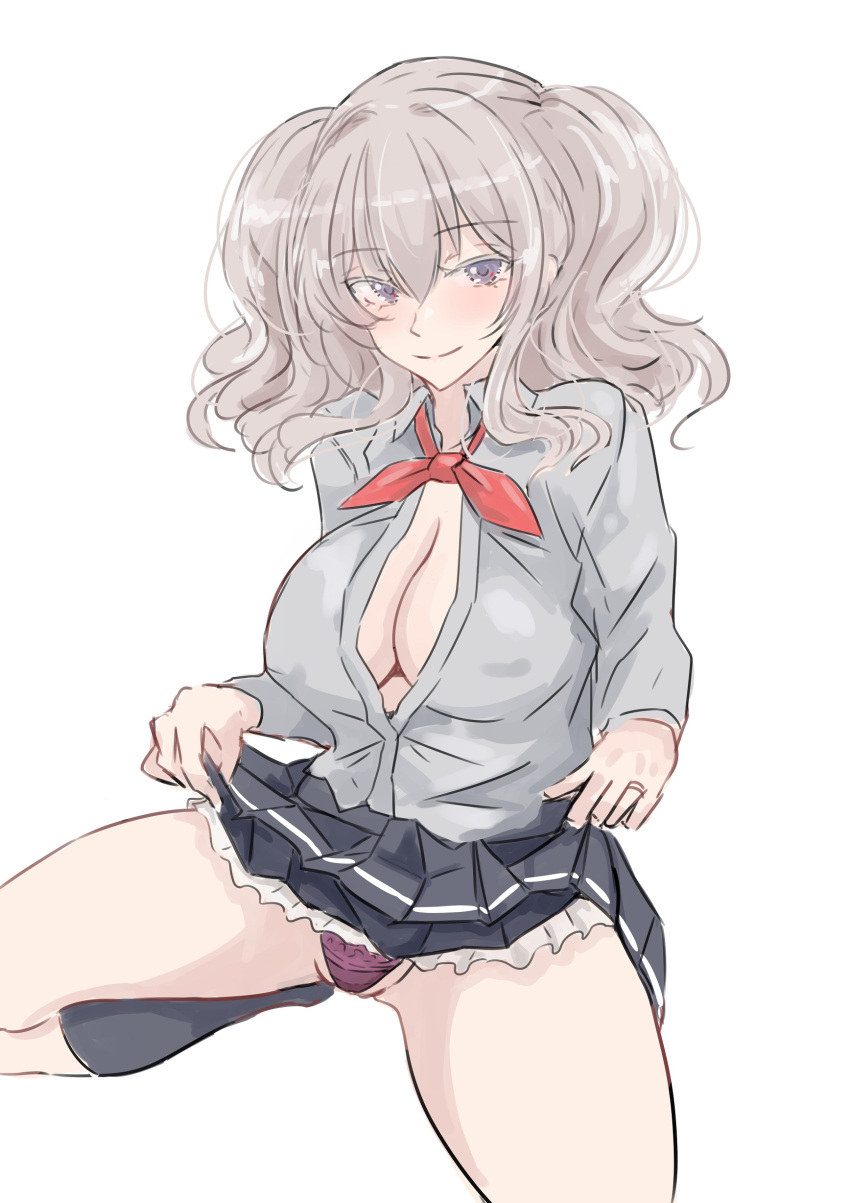 1girl absurdres breasts cleavage clothes_lift collared_shirt grey_hair grey_shirt highres kantai_collection kashima_(kancolle) ken_(shutenndouji1) large_breasts lifted_by_self long_hair neckerchief panties purple_panties red_neckerchief shirt simple_background sitting skirt skirt_lift smile solo twintails underwear white_background
