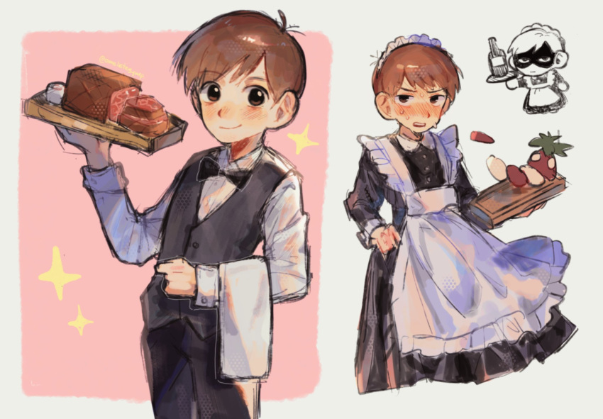 1boy alcohol alternate_costume angry apron blush bow bowtie brown_eyes brown_hair butler chilchuck_tims crossdressing dungeon_meshi embarrassed enmaided food frills halfling highres large_ears maid maid_apron maid_headdress male_maid meat napkin omelettesyrup pink_background shaded_face short_hair sleeve_cuffs sparkle sweat vest white_background wine