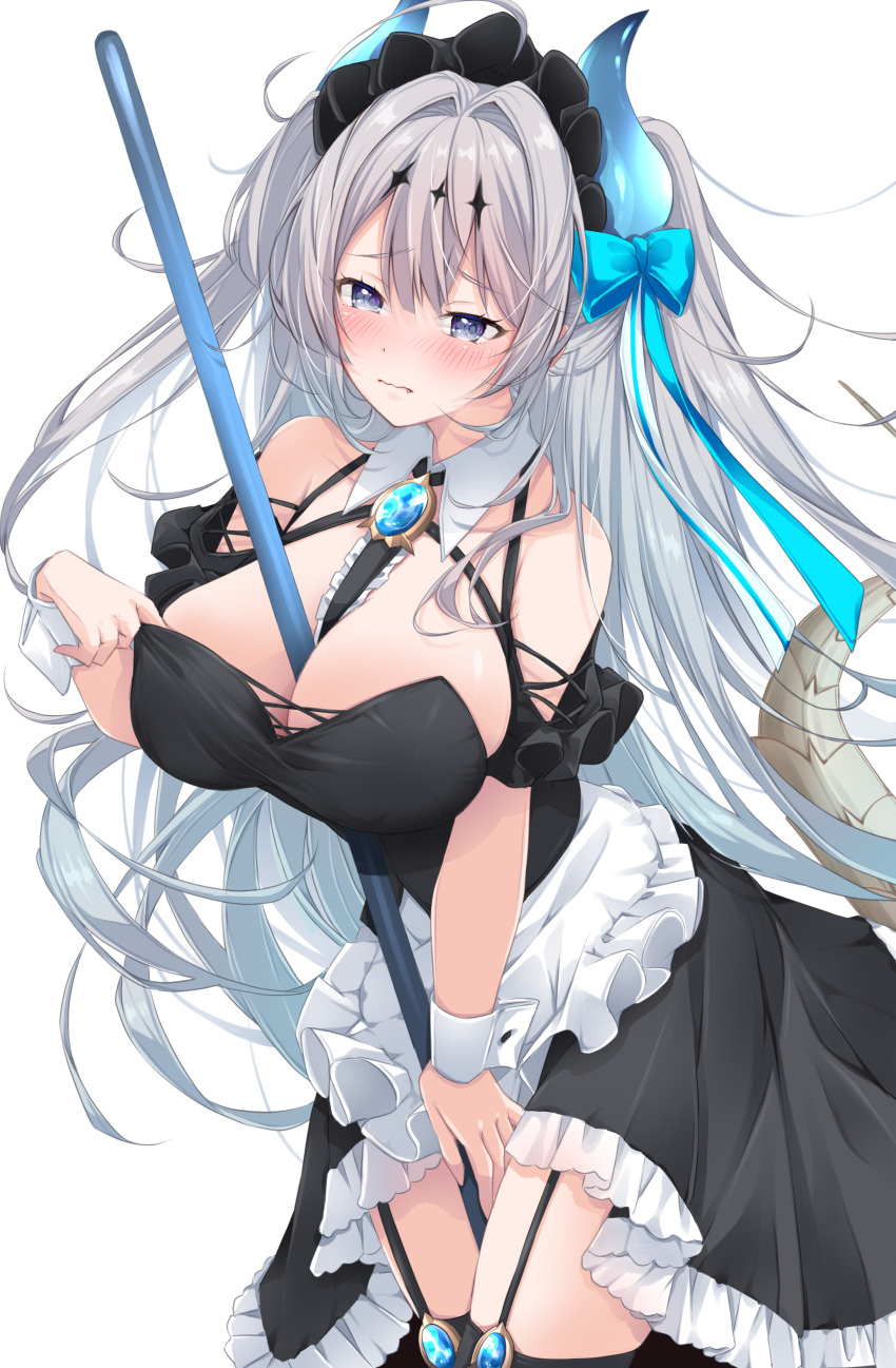 1girl absurdres ahoge alternate_costume apron azur_lane bare_shoulders between_breasts black_dress black_garter_straps black_thighhighs blue_bow blue_eyes blue_horns blush bow breasts closed_mouth commission dragon_tail dress embarrassed enmaided fang frilled_dress frills garter_straps grey_hair hair_between_eyes hair_bow hair_intakes highres horns large_breasts long_hair looking_at_viewer maid maid_headdress mikuchi3939 pixiv_commission simple_background solo suffren_(azur_lane) tail thighhighs two_side_up white_apron white_background