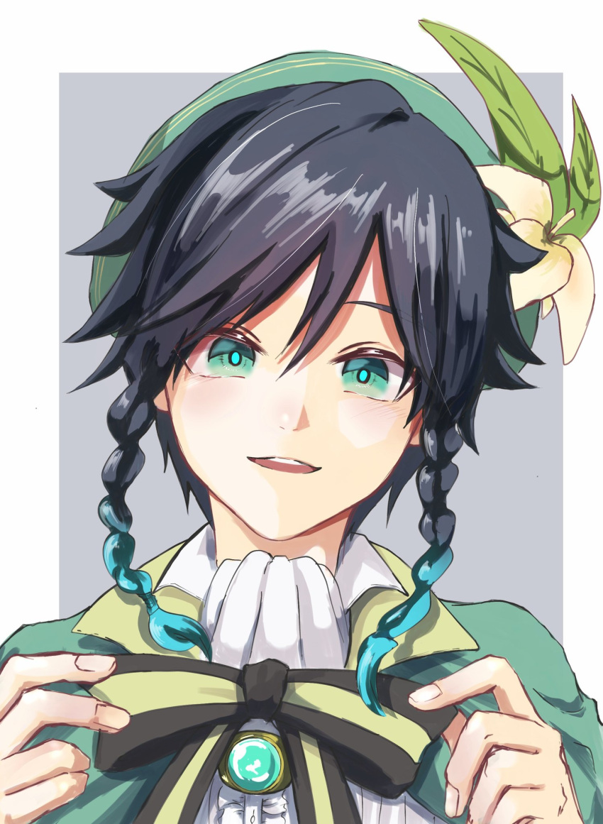 1boy black_bow black_bowtie black_hair blue_hair blue_pupils blush bow bowtie braid brooch cape collared_cape commentary_request fugusashi_(fgss2089) genshin_impact gradient_hair green_cape green_eyes grey_background hair_between_eyes highres jewelry looking_at_viewer male_focus medium_bangs multicolored_hair open_mouth shirt short_hair simple_background smile solo twin_braids two-tone_background upper_body venti_(genshin_impact) white_background white_shirt