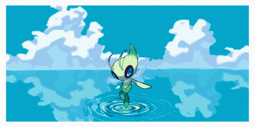 absurdres blue_eyes border celebi closed_mouth cloud commentary_request day highres no_humans outdoors pokemon pokemon_(creature) reflection ripples saiku_(zvlku) sky solo water water_world white_border