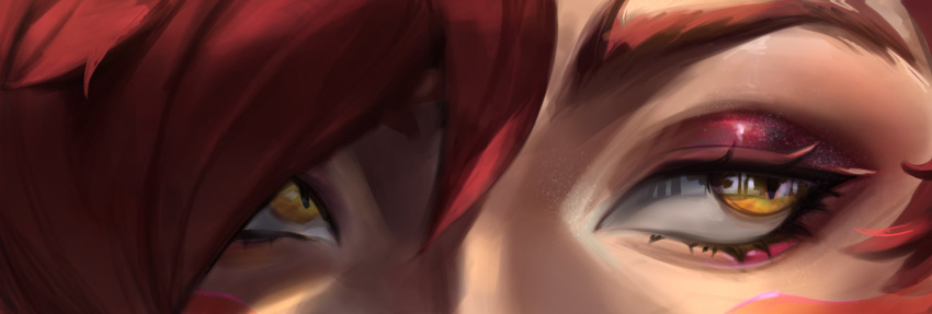 1girl close-up eye_focus eye_reflection eyelashes eyeliner highres league_of_legends looking_at_viewer makeup monkae_(m0nkaeee) red_eyeliner red_hair reflection solo straight-on xayah yellow_eyes