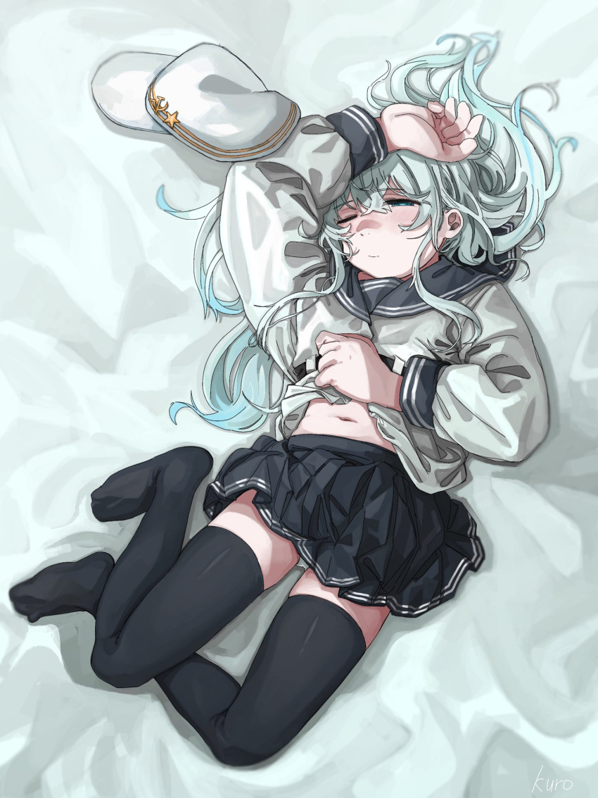 1girl arm_up bed_sheet black_sailor_collar black_skirt black_thighhighs blue_eyes blue_hair blush closed_mouth flat_cap hair_between_eyes hammer_and_sickle hat hibiki_(kancolle) highres jacket kantai_collection kuro4221 light_blue_hair long_hair long_sleeves lying on_back panties pleated_skirt sailor_collar skirt solo star_(symbol) thighhighs underwear verniy_(kancolle) white_headwear white_jacket white_panties