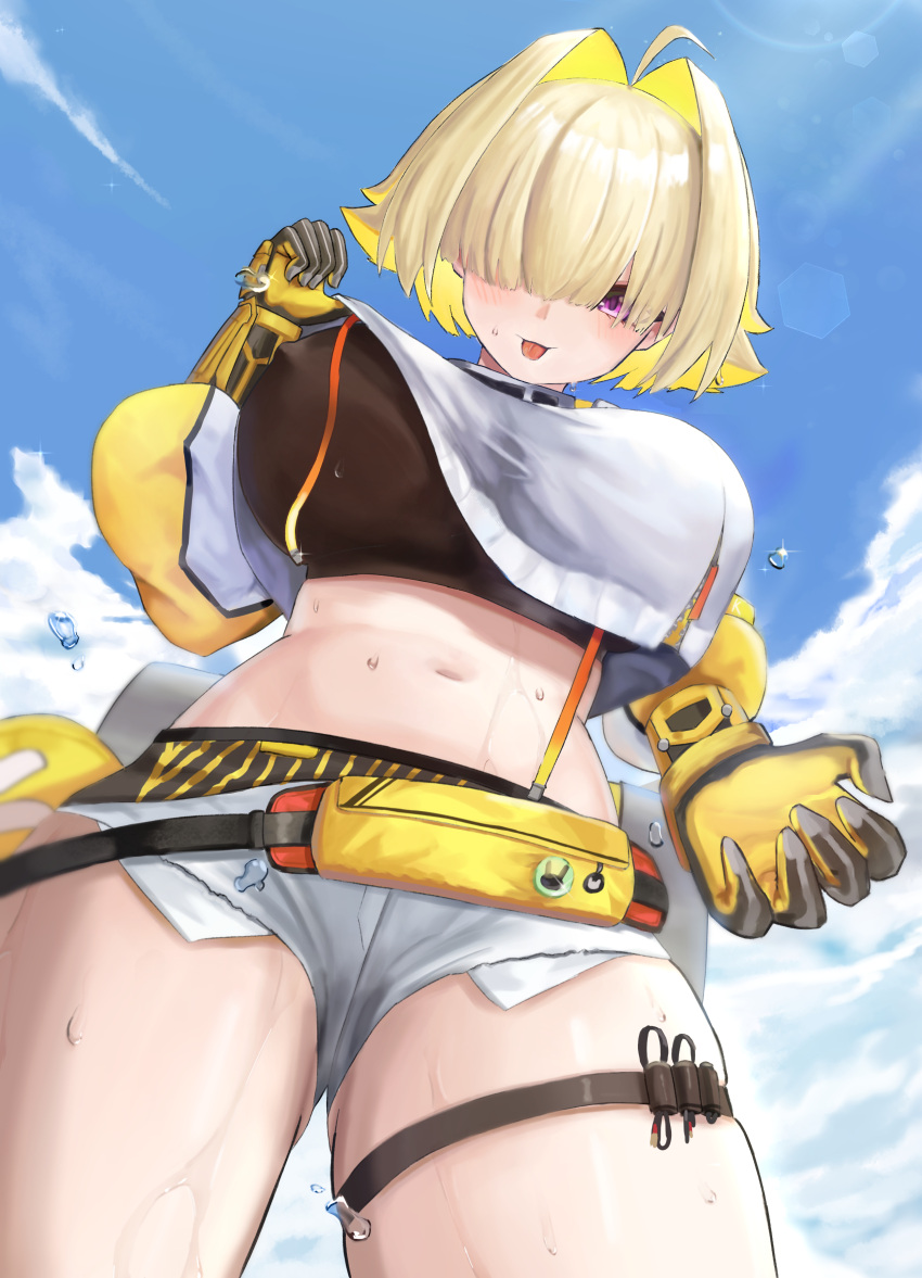 1girl absurdres black_gloves black_sports_bra blonde_hair blue_sky cloud cloudy_sky commentary crop_top crop_top_overhang denim denim_shorts elegg_(nikke) from_below gloves goddess_of_victory:_nikke green_hair grey_shorts hair_over_eyes highres just_tume long_bangs micro_shorts multicolored_clothes multicolored_gloves multicolored_hair navel outdoors purple_eyes shirt short_hair short_shorts shorts sky solo sports_bra stomach streaked_hair sweat thick_thighs thigh_strap thighs tongue tongue_out two-tone_gloves white_shirt yellow_gloves