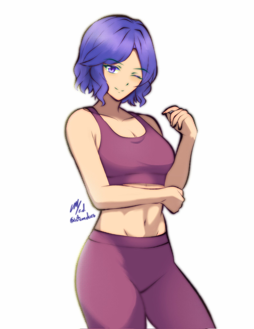 1girl bare_shoulders commission english_commentary fire_emblem fire_emblem:_new_mystery_of_the_emblem fire_emblem:_shadow_dragon fire_emblem:_shadow_dragon_and_the_blade_of_light highres light_smile midia_(fire_emblem) midriff navel pants purple_eyes purple_hair rotomdocs solo sports_bra yoga_pants