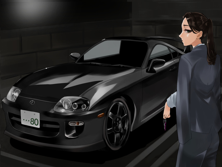 1girl black_eyes black_hair car car_keys expressionless grey_jacket grey_pants grey_shirt hair_behind_ear highres holding holding_key jacket jacket_on_shoulders key license_plate looking_at_viewer motor_vehicle original pants ponytail shirt sora_no_sen spoiler_(automobile) sports_car toyota toyota_supra toyota_supra_mk_iv vehicle_focus