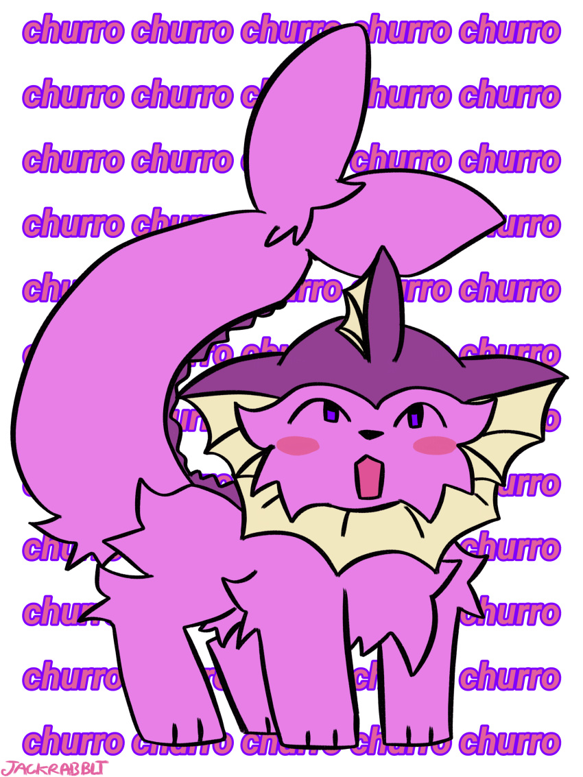 absurd_res belly_tuft blush blush_stickers character_name cheek_tuft chest_tuft churro_(jackrabbit) eeveelution english_text facial_tuft feral fluffy fluffy_tail frill_(anatomy) fur generation_1_pokemon hi_res jackrabbit_(artist) male nintendo paws pokemon pokemon_(species) purple_body purple_eyes purple_fur raised_tail solo spikes spikes_(anatomy) standing tail text tuft vaporeon