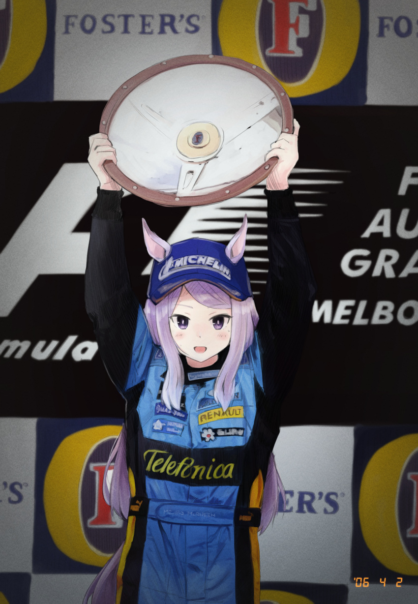 1girl absurdres alpine_(carmaker) animal_ears balladeluce blue_headwear blue_jumpsuit cosplay fernando_alonso fernando_alonso_(cosplay) formula_one highres holding horse_ears horse_girl horse_tail jumpsuit long_hair mejiro_mcqueen_(umamusume) michelin michelin_man open_mouth purple_hair racing_suit real_life renault smile solo sponsor steering_wheel tail timestamp umamusume very_long_hair