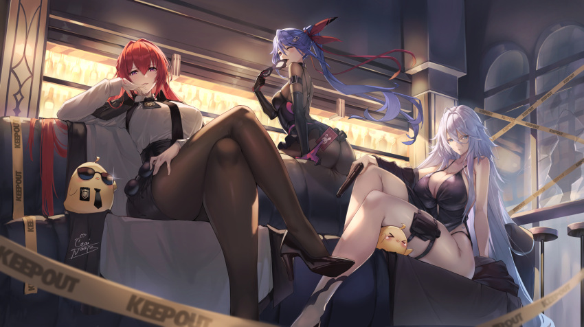 3girls allen_m._sumner_(azur_lane) allen_m._sumner_(two_faces_of_justice)_(azur_lane) alternate_costume ass azur_lane black_bodysuit black_dress blue_eyes blue_hair bodysuit breasts calling_card caution_tape couch crossed_legs dress eye_mask eyebrows_hidden_by_hair gainoob glasses gun hair_between_eyes hair_ribbon handgun high_heels highres holding holding_gun holding_weapon keep_out large_breasts long_hair manjuu_(azur_lane) mask monarch_(azur_lane) monarch_(detective_arriving_on_the_scene)_(azur_lane) multiple_girls necktie official_alternate_costume on_couch one_eye_closed pantyhose ponytail red_eyes red_hair ribbon signature sovetsky_soyuz_(azur_lane) sovetsky_soyuz_(skyfall_agent)_(azur_lane) sunglasses thick_thighs thigh_strap thighs very_long_hair weapon white_hair