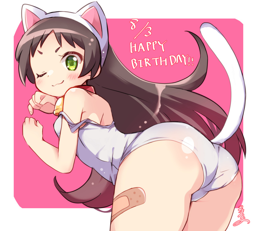 1girl :3 animal_collar animal_ears ass bandaid bandaid_on_leg bare_shoulders bell border breasts brown_hair cat_ears cat_tail closed_mouth collar cowboy_shot fake_animal_ears from_side green_eyes hairband hands_up happy_birthday hazuki_kurumi highres kaitou_tenshi_twin_angel komatsu_tsumako leaning_forward light_blush long_hair looking_at_viewer looking_to_the_side neck_bell one-piece_swimsuit one_eye_closed outside_border pink_background red_collar short_bangs short_eyebrows small_breasts smile solo standing strap_slip swimsuit tail tail_raised twin_angel v-shaped_eyebrows white_hairband white_one-piece_swimsuit