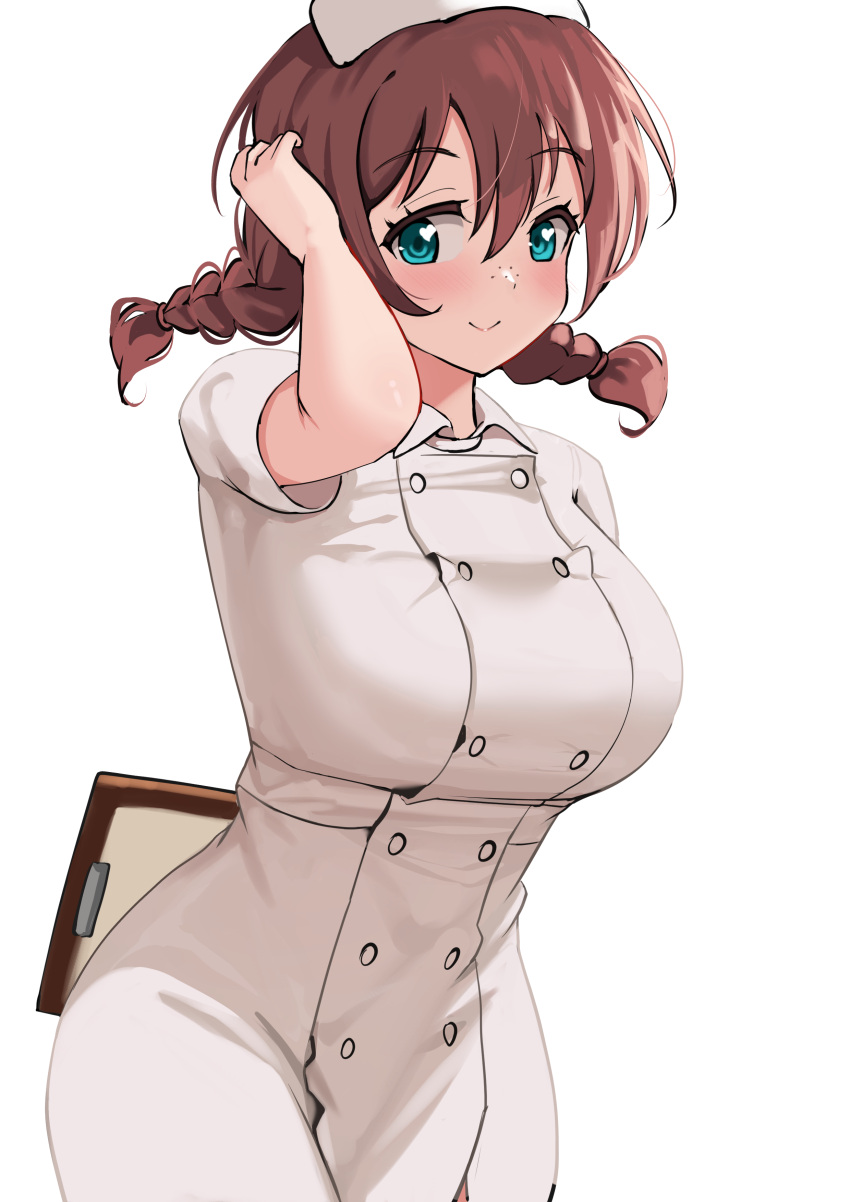 absurdres alternate_costume blue_eyes braid breasts brown_hair button_dress buttons commentary cowboy_shot double-breasted dress emma_verde freckles hand_up hat highres impossible_clothes impossible_dress large_breasts long_hair love_live! love_live!_nijigasaki_high_school_idol_club low_twintails nurse nurse_cap pisagi simple_background three_quarter_view twin_braids twintails white_background white_dress