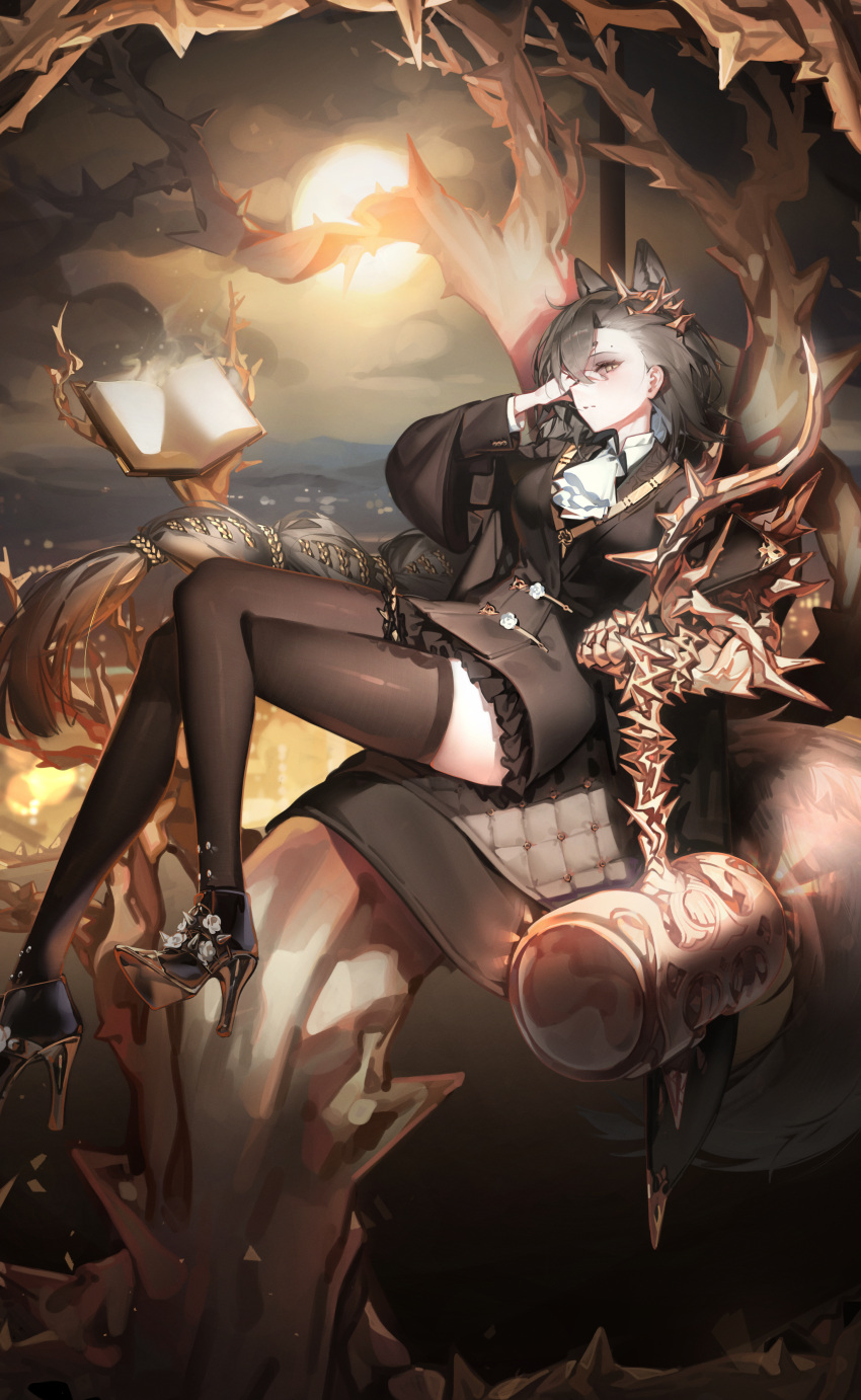 1girl absurdres animal_ears arknights ascot black_coat black_thighhighs book braid brown_hair coat commentary english_commentary full_body full_moon gold_trim hair_ornament hammer hand_up highres in_tree moon mountainous_horizon open_book outdoors penance_(arknights) ponytail ribiadan sitting sitting_in_tree solo swept_bangs tail thighhighs thorns tree white_ascot wolf_ears wolf_girl wolf_tail