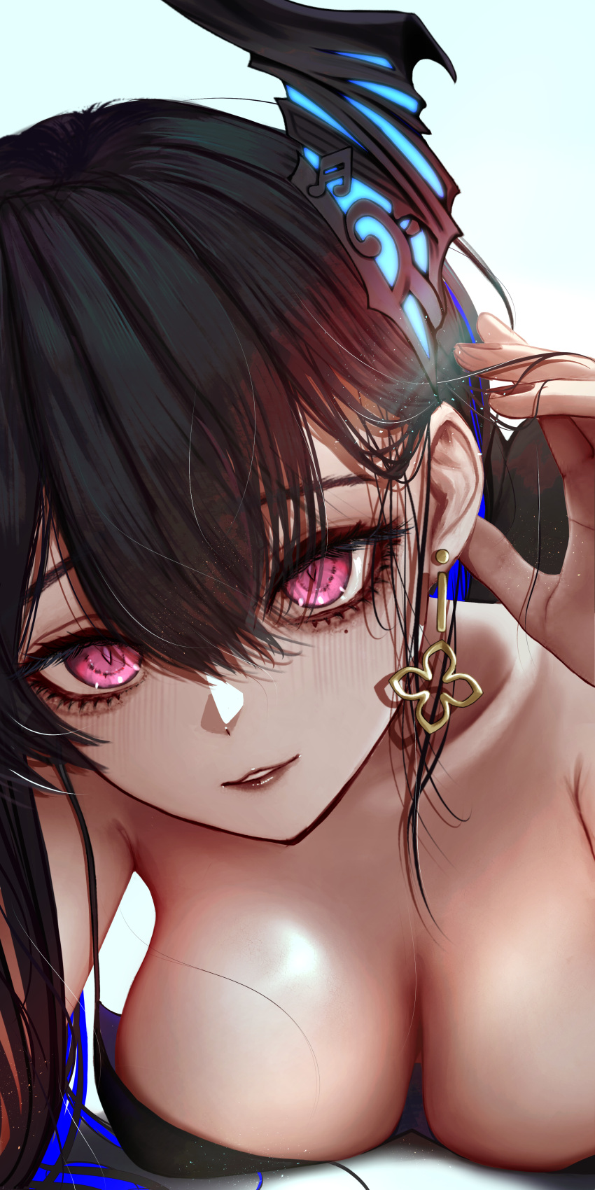 1girl absurdres adjusting_hair armpits asymmetrical_horns black_eyeliner black_hair blue_hair blush breasts collarbone colored_inner_hair crystal_horn demon_horns earrings eyelashes eyeliner flower_earrings hair_between_eyes highres hololive hololive_english horns jewel_under_eye jewelry large_breasts long_hair looking_at_viewer makeup mole mole_under_eye multicolored_hair nerissa_ravencroft red_eyes simple_background smile soju_ice solo solo_focus split-color_hair two-tone_hair uneven_horns virtual_youtuber white_background