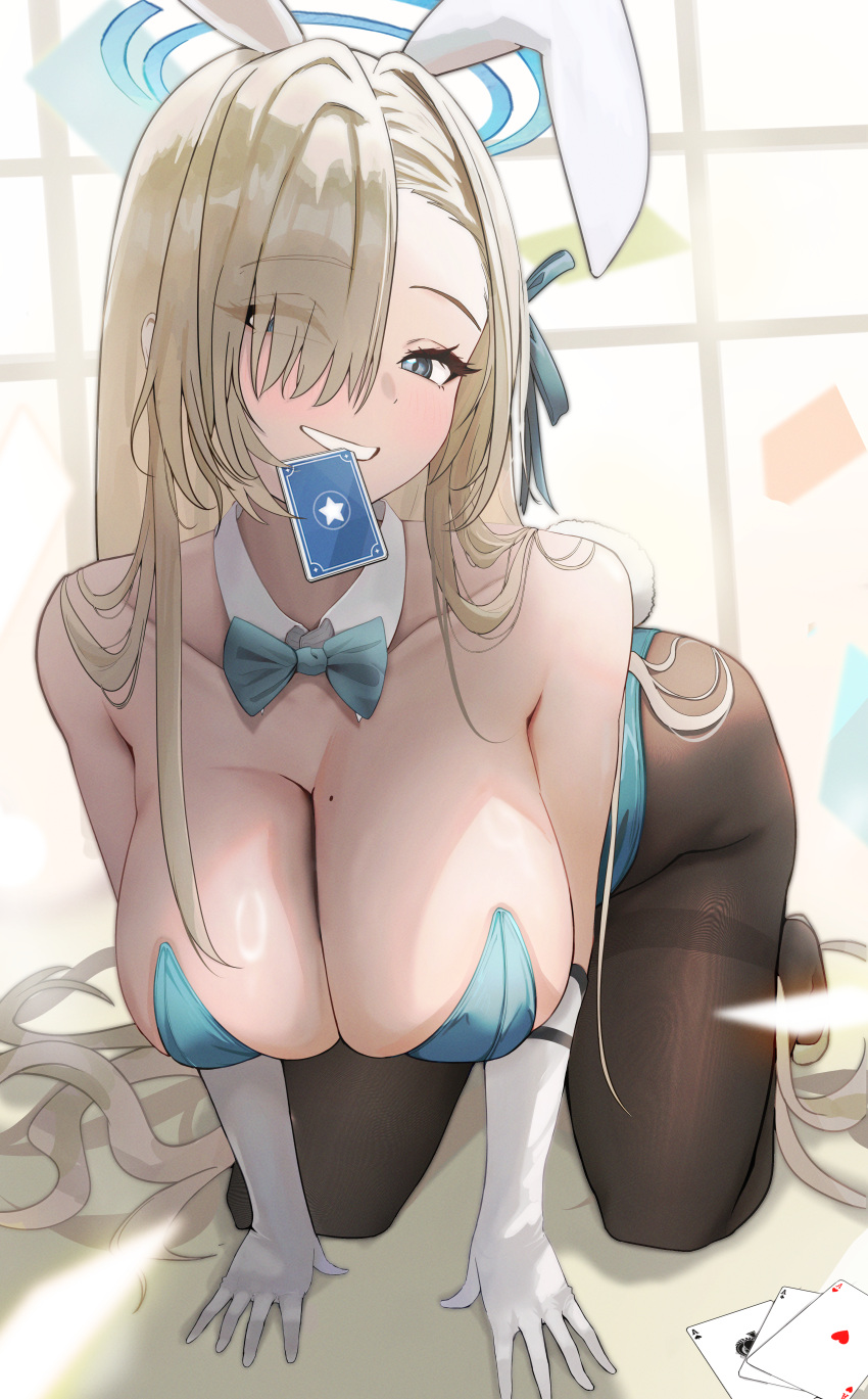 1girl absurdres animal_ears asuna_(blue_archive) asuna_(bunny)_(blue_archive) asymmetrical_bangs black_pantyhose blonde_hair blue_archive blue_bow blue_bowtie blue_eyes blue_halo blue_leotard blue_ribbon bow bowtie breasts card card_in_mouth cleavage collarbone commentary_request detached_collar elbow_gloves eyes_visible_through_hair fake_animal_ears gloves hair_over_one_eye hair_over_shoulder hair_ribbon halo highres indoors jim199909 kneeling large_breasts leotard long_hair looking_at_viewer mole mole_on_breast mouth_hold naughty_face official_alternate_costume pantyhose playboy_bunny playing_card rabbit_ears rabbit_tail ribbon shadow strapless strapless_leotard tail teeth thong_leotard very_long_hair white_gloves