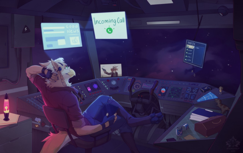 anthro avian clothed clothing cockpit diesel_wiesel furgonomics green_eyes gryphon headphones headset male pawpads sitting solo space spacecraft vehicle
