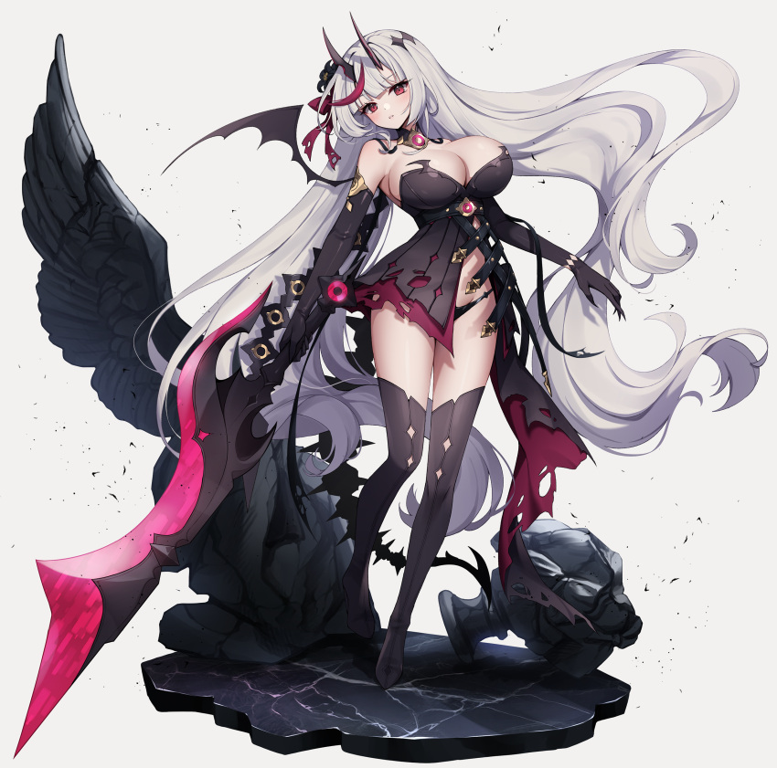 1girl absurdres ankkoyom bare_shoulders black_dress black_footwear black_gloves black_panties black_thighhighs boots breasts center_opening cleavage detached_collar dress elbow_gloves epic_seven full_body gloves highres holding holding_sword holding_weapon horns large_breasts long_hair looking_at_viewer multicolored_hair panties red_eyes simple_background solo standing strapless strapless_dress streaked_hair string_panties sword tail thigh_boots thighhighs thighs torn_clothes torn_dress underwear very_long_hair weapon white_background white_hair wings yufine_(epic_seven)