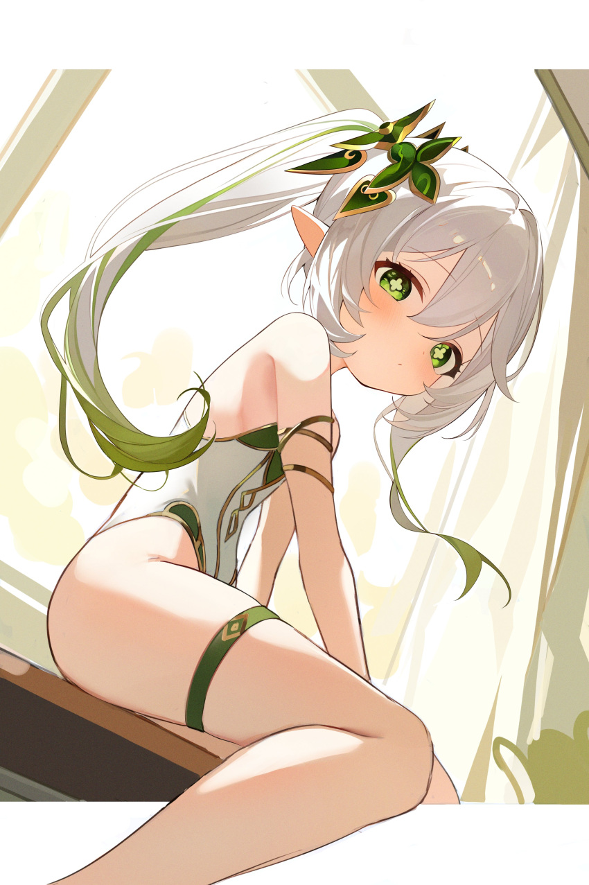 1girl absurdres blush cross-shaped_pupils danyo_(chung0226) dot_mouth from_side genshin_impact gold_trim green_eyes green_hair hair_between_eyes hair_ornament hashtag_only_commentary highres leotard letterboxed looking_at_viewer multicolored_hair nahida_(genshin_impact) outside_border pointy_ears side_ponytail sitting sitting_on_object sleeveless solo streaked_hair symbol-shaped_pupils thigh_strap thighs white_hair white_leotard