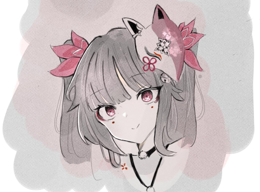 1girl bell black_choker bow choker closed_mouth cropped_head fox_mask hair_bow head_tilt honkai:_star_rail honkai_(series) iyu_(lingyuzos) long_bangs long_hair looking_at_viewer mask mask_on_head neck_bell painting_(medium) pink_eyes red_bow sidelocks smile solo sparkle_(honkai:_star_rail) traditional_media twintails watercolor_(medium)