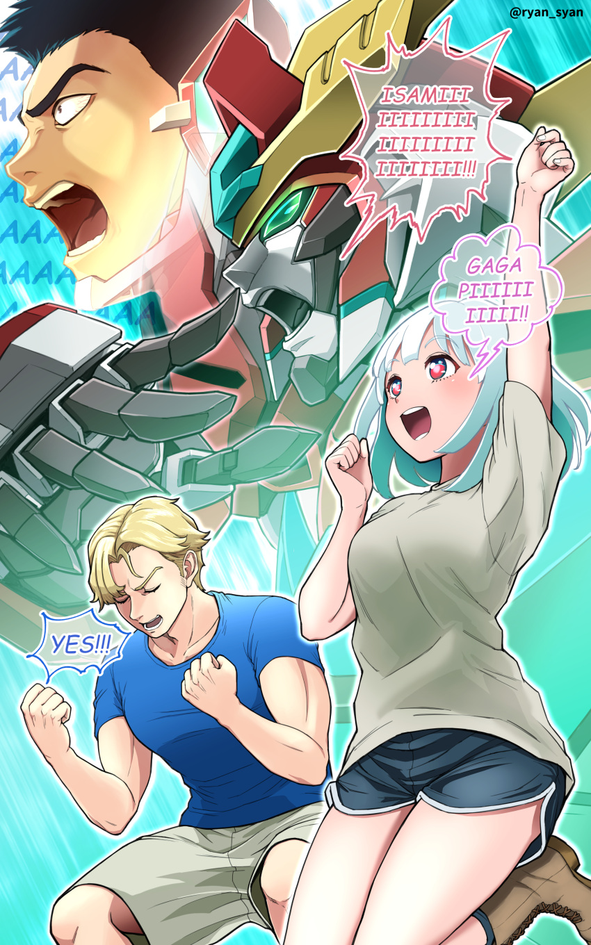 1girl 3boys :d absurdres ao_isami arm_up black_hair black_shorts blonde_hair blue_shirt bravern brown_footwear character_name cheering clenched_hands closed_eyes gachirin highres lewis_smith lulu_(bang_bravern) mecha multiple_boys red_eyes robot screaming shirt short_shorts shorts smile speech_bubble t-shirt yuuki_bakuhatsu_bang_bravern