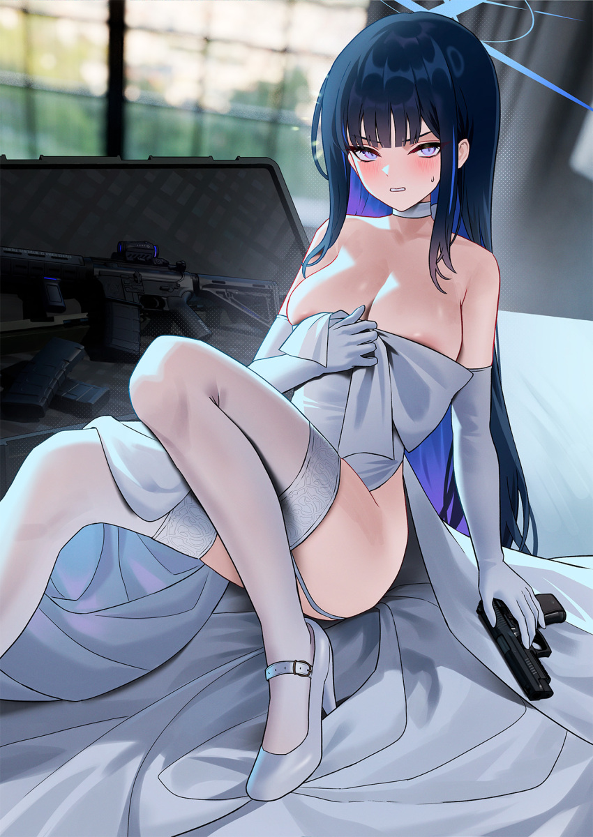 1girl areola_slip bare_shoulders blue_archive blue_eyes blue_hair blue_halo blush briefcase cirilla_lin colored_inner_hair dress elbow_gloves gloves gun halo handgun high_heels highres holding holding_gun holding_weapon looking_at_viewer multicolored_hair official_alternate_costume official_alternate_hairstyle saori_(blue_archive) saori_(dress)_(blue_archive) side_slit solo strapless strapless_dress streaked_hair thighhighs weapon white_dress white_footwear white_gloves white_thighhighs