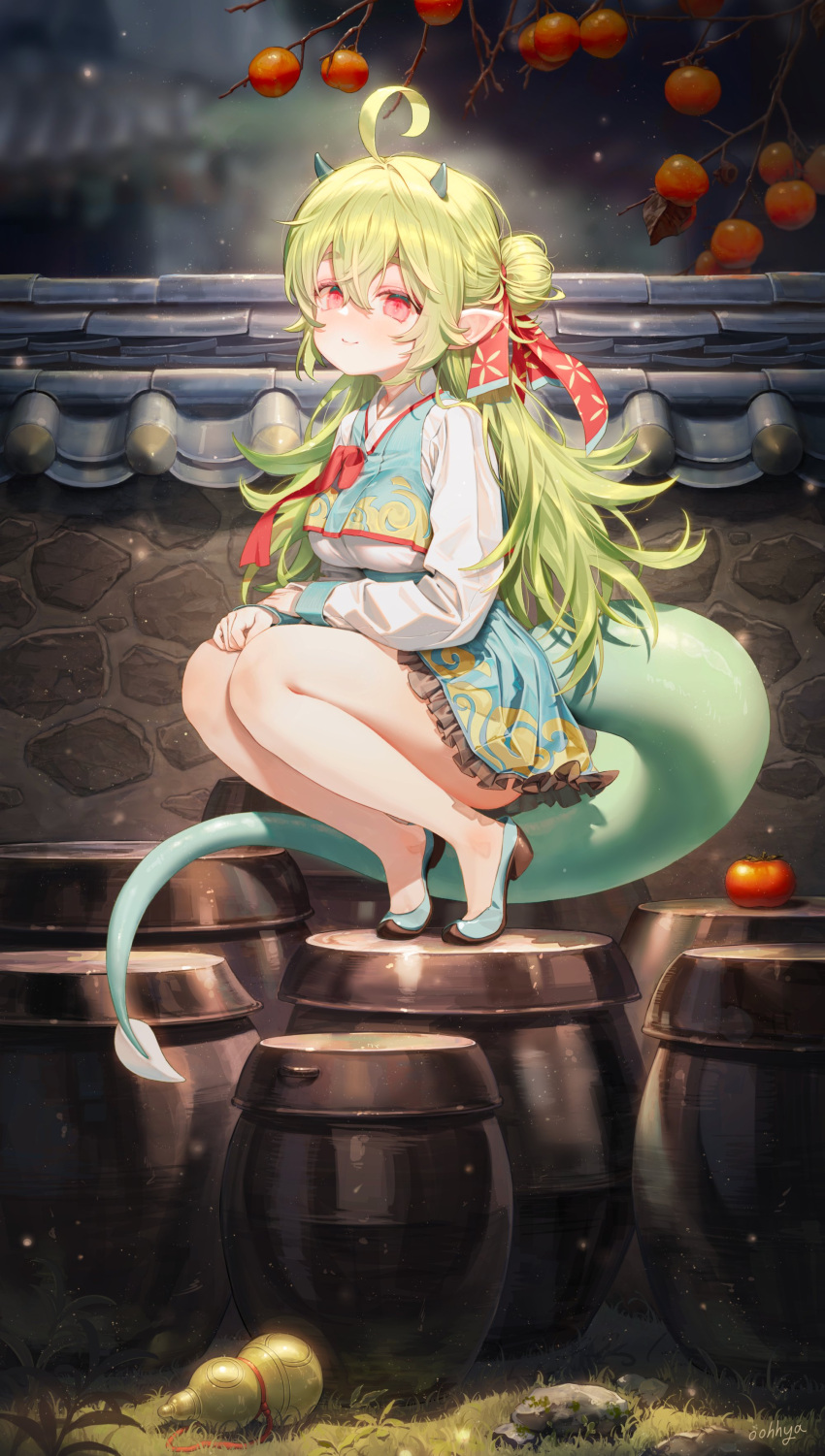 1girl absurdres ahoge artist_name bare_legs bed_sheet branch breasts closed_mouth commentary commission dress english_commentary frilled_dress frills full_body gourd grass green_dress green_footwear green_hair green_horns green_ribbon green_tail hair_between_eyes hair_bun hair_ribbon hand_on_own_arm hand_on_own_thigh highres horns light_particles long_hair long_sleeves looking_at_viewer medium_breasts multicolored_ribbon oohhya original outdoors pointy_ears red_eyes red_ribbon ribbon rock shoes single_hair_bun small_horns smile solo squatting tail tiptoes toes tomato two-tone_dress unworn_shoes white_dress