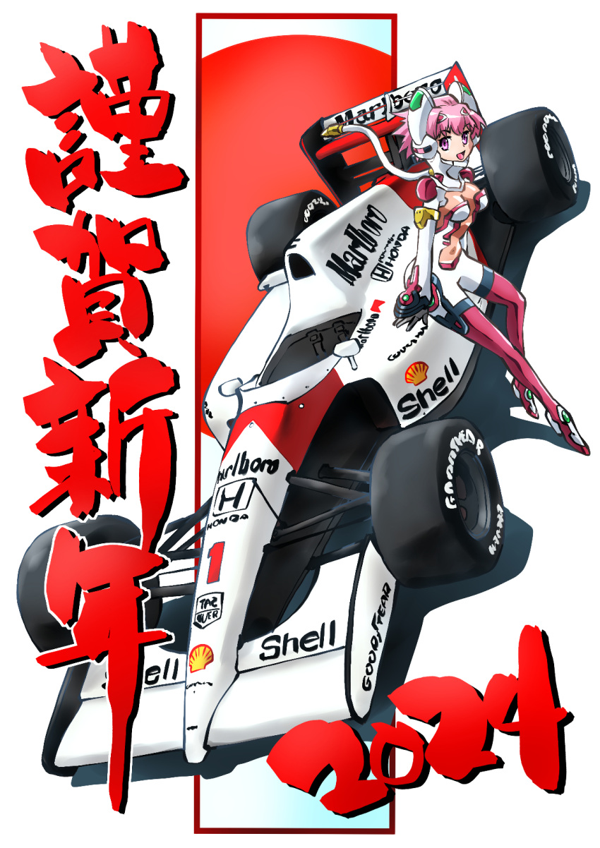 1girl bodysuit boots breasts cable car covered_navel crossover formula_one formula_racer goodyear highres honda marlboro mclaren_mp4/6 medium_breasts motor_vehicle open_mouth purple_eyes race_vehicle racecar red_footwear shell_(company) shishidou_akiha short_hair smile solo sora_wo_kakeru_shoujo taiga_hiroyuki thigh_boots vehicle_focus white_bodysuit