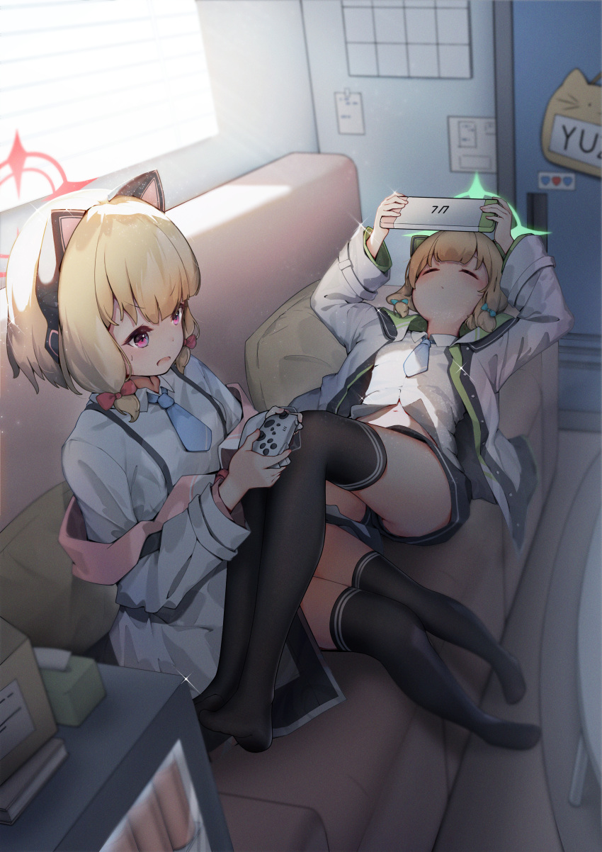 2girls absurdres animal_ear_headphones animal_ears black_thighhighs blonde_hair blue_archive cat_ear_headphones closed_eyes controller couch fake_animal_ears game_controller green_halo halo handheld_game_console headphones highres holding holding_controller holding_game_controller holding_handheld_game_console jacket lying midori_(blue_archive) momoi_(blue_archive) multiple_girls on_back on_couch open_clothes open_jacket red_eyes red_halo siblings sisters thighhighs thighs white_jacket xiamu_xunxi